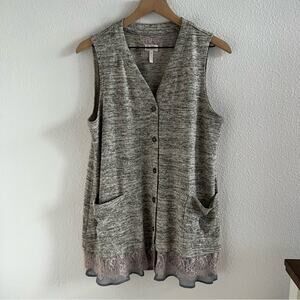 LOGO by Lori Goldstein Button Front Sleeveless Sweater Vest Lace Trim Gray M